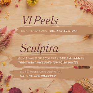 Buy 1 get 1 50% off VI Peels - Peel Season is HERE. Buy 2 vials of Sculptra get a Glabella Treatment included (up to 20 units). Buy 2 Vials of Sculptra get the Lips Included.
